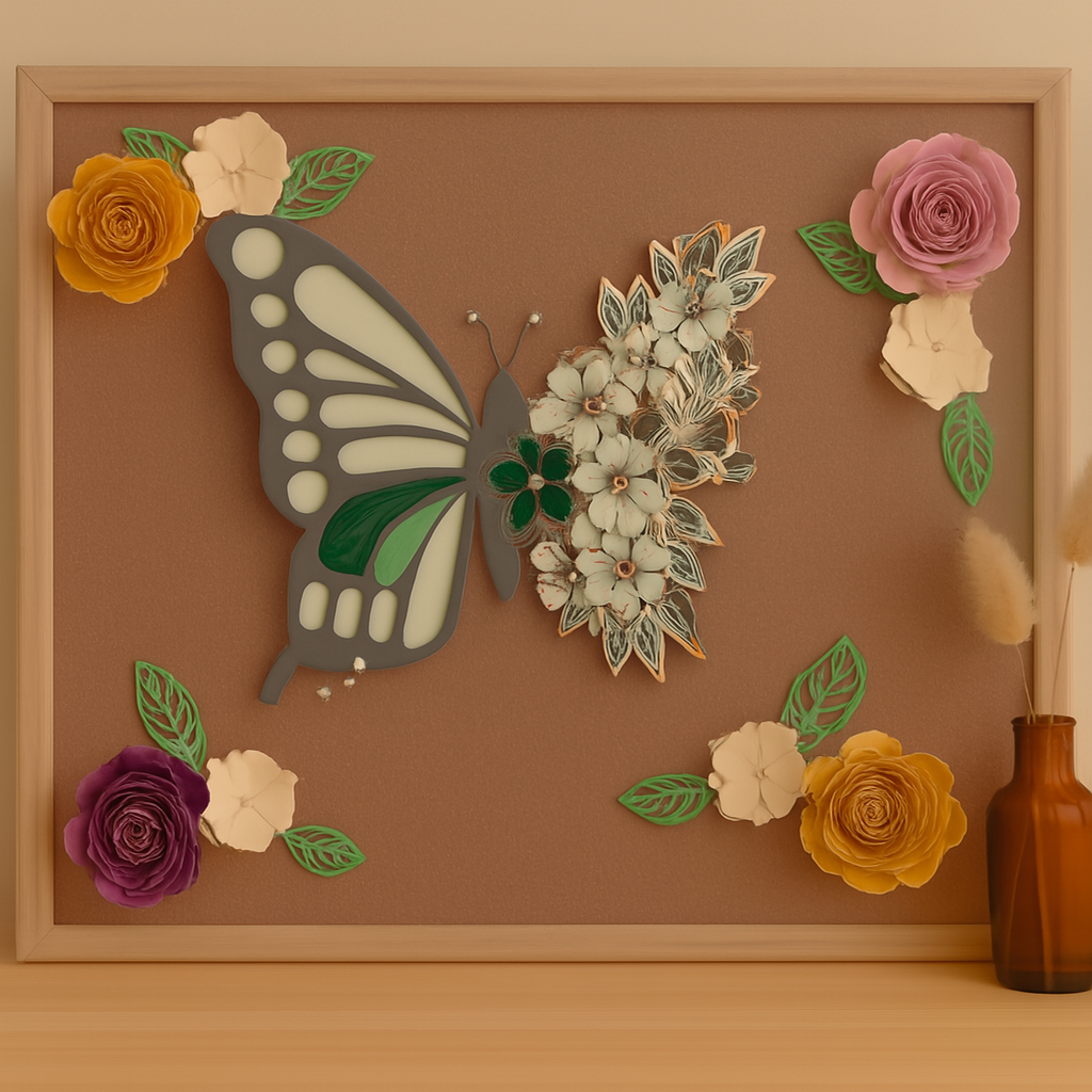 Cadre papillon & fleurs en relief – Fait main couleur aléatoire