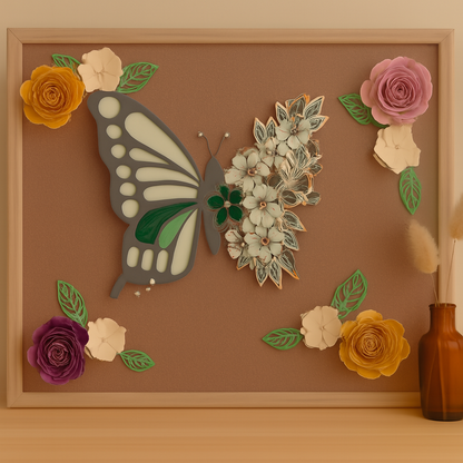 Cadre papillon & fleurs en relief – Fait main couleur aléatoire